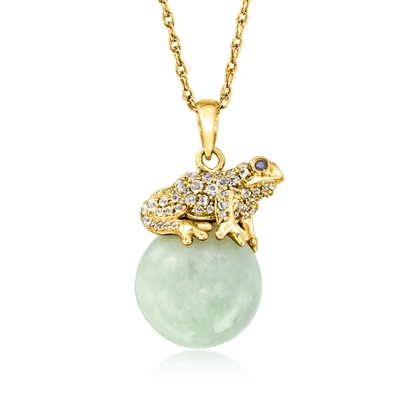 Ross-simons Jade And . White Topaz Frog Pendant Necklace With Black Sapphire Accents In 18kt Yellow Gold Over St In Green