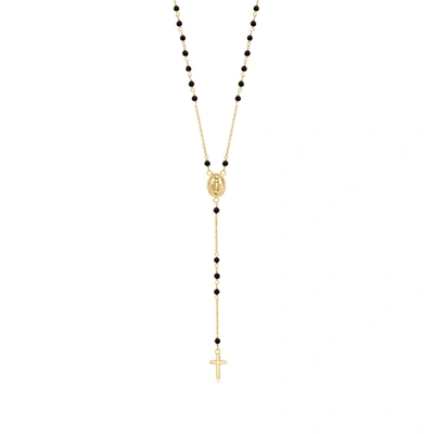 Ross-simons Italian Onyx Bead Rosary Necklace In 18kt Yellow Gold In Silver