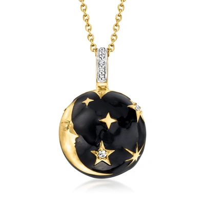 Ross-simons Black Enamel And . White Topaz Moon And Stars Pendant Necklace In 18kt Gold Over Sterling