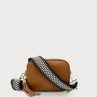 Apatchy London Tan Leather Crossbody Bag With Cappuccino Dots Strap In Black