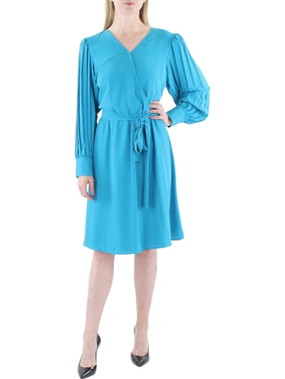Anne Klein Womens Shutter Pleat Knee-length Wrap Dress In Blue
