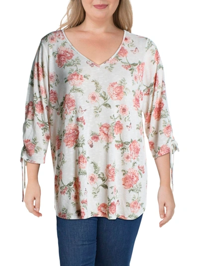 Status By Chenault Plus Womens Floral Bell Sleeves Top In White