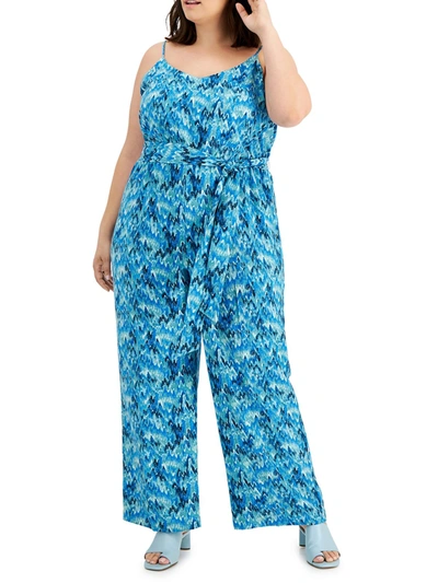Bar Iii Plus Womens V-neck Printed Jumpsuit In Blue