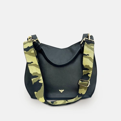 Apatchy London The Harriet Black Leather Bag With Green & Gold Camo Strap