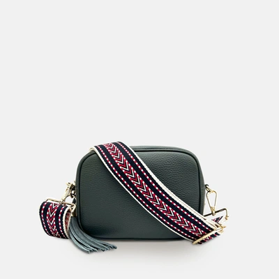 Apatchy London Dark Grey Leather Crossbody Bag With Navy Boho Strap In Green