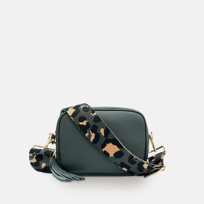 Apatchy London Dark Grey Leather Crossbody Bag With Grey Leopard Strap In Black