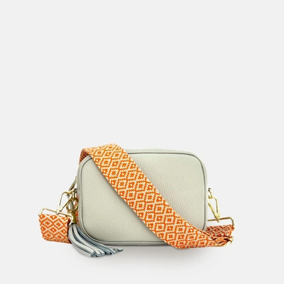 Apatchy London Light Grey Leather Crossbody Bag With Orange Cross-stitch Strap In Green