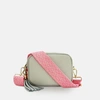APATCHY LONDON LIGHT GREY LEATHER CROSSBODY BAG WITH NEON PINK CROSS-STITCH STRAP