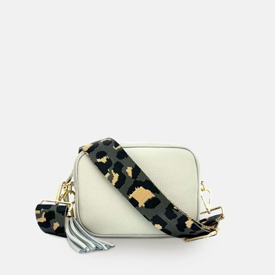 Apatchy London Light Grey Leather Crossbody Bag With Grey Leopard Strap In White