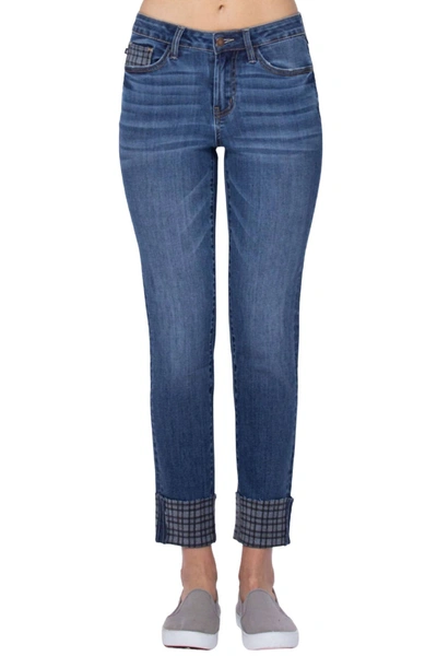 Judy Blue Plaid Cuffed Slim Fit Jean In Medium Blue/grey