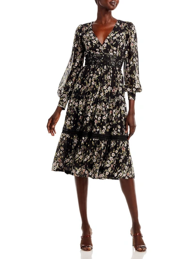 Aqua Womens Floral Print Crochet Trim Midi Dress In Black