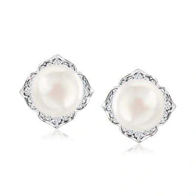 Ross-simons 10-10.5mm Cultured Pearl And . Diamond Earrings In 14kt 2-tone Gold In Silver