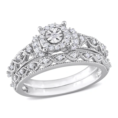 Mimi & Max 1/3ct Tdw Diamond Double Row Halo Bridal Ring Set In Sterling Silver