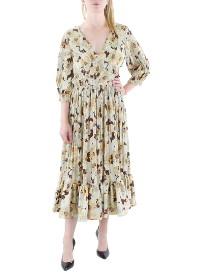 Polo Ralph Lauren Floral-print Pleated Satin Dress In Beige