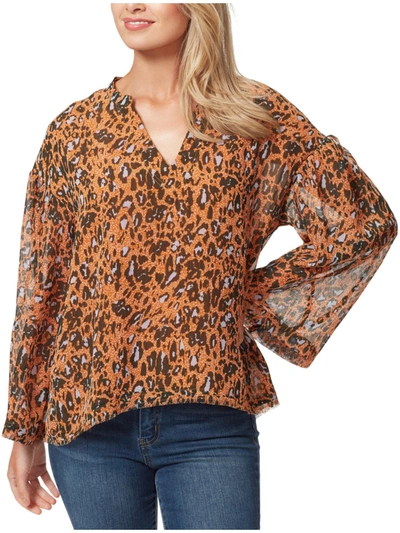 Jessica Simpson Womens Animal Print Split Neck Blouse In Brown