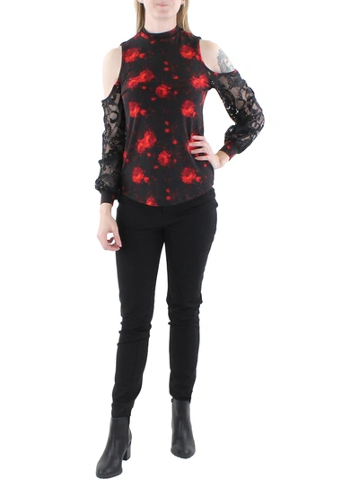 Willow Womens Floral Print Mixed Media Pullover Top In Black