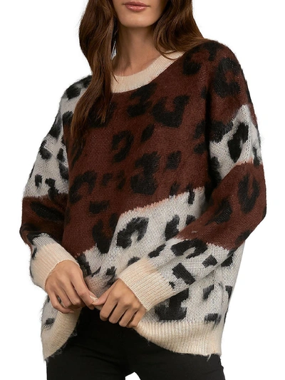 Elan Womens Leopard Print Crewneck Pullover Sweater In Brown