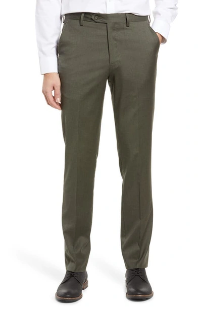 Berle Flat Front Modern Fit Gabardine Stretch Wool Trousers In Olive