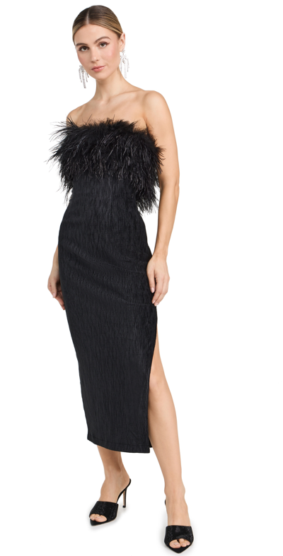 Saylor Van Crinkle Velvet Feather Midi Dress In Black