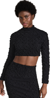 DUR DOUX PUCKERED KNIT LONG SLEEVE CROP TOP BLACK