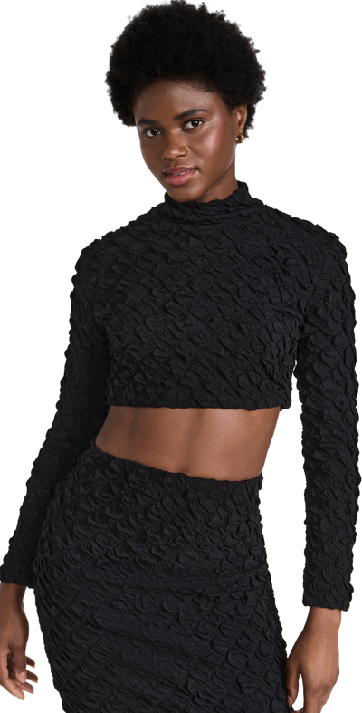 Dur Doux Puckered Knit Long Sleeve Crop Top In Black