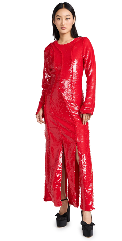 Ganni Sequined Recycled Mesh Maxi Dress In Red
