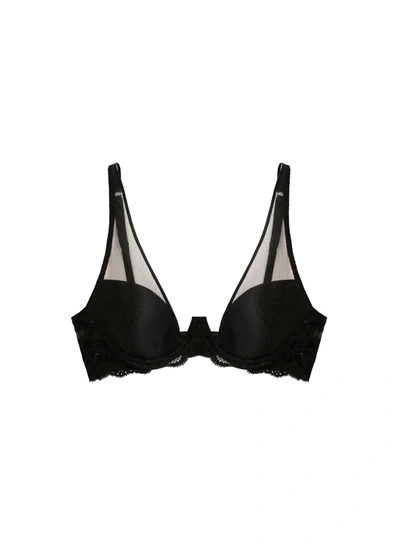 Fleur Du Mal Charlotte Sheer Overlay Lace Plunge Bra In Black