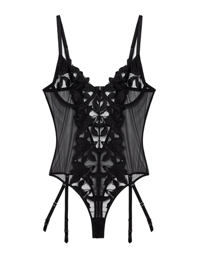Fleur Du Mal Lily Embroidery Cupped Bodysuit In Black