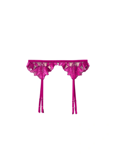 Fleur Du Mal Velvet Lily Embroidery Garter Belt In Magenta Velvet