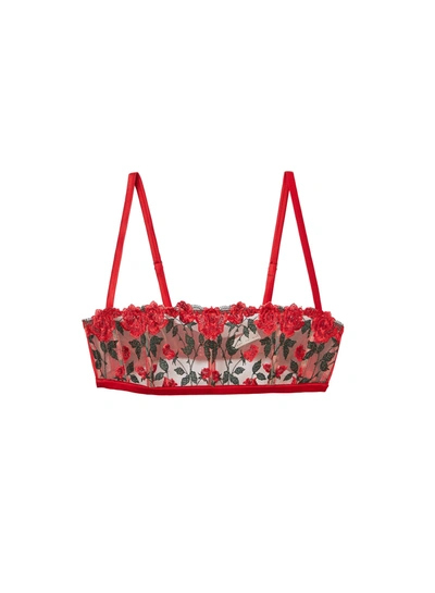 Fleur Du Mal Roses And Thorns Silk-blend Satin-trimmed Embroidered Tulle Underwired Bra In Rouge