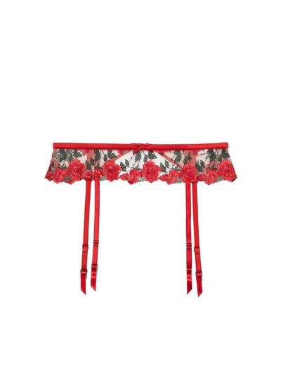 Fleur Du Mal Roses And Thorns Embroidered Garter Belt In Rouge