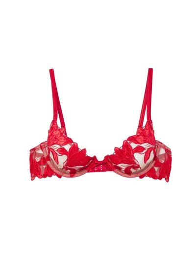 Fleur Du Mal Lily Velvet-trimmed Embroidered Tulle And Stretch-silk Satin Underwired Soft-cup Bra In Red,fuchsia