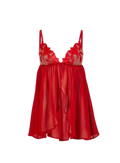 Fleur Du Mal Velvet Lily Embroidery Babydoll Teddy In Rouge