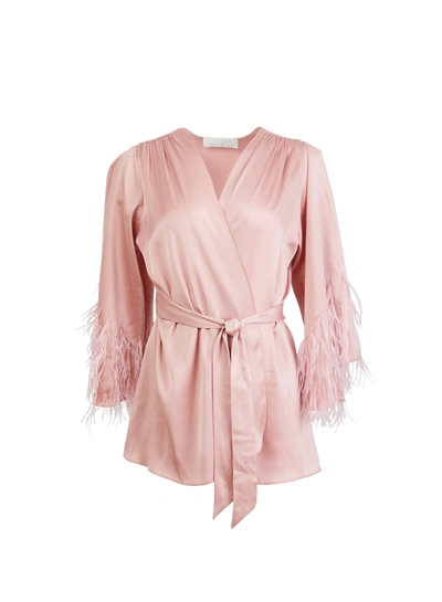 Fleur Du Mal Feather Embellished Angel Sleeve Robe In Rose Pink