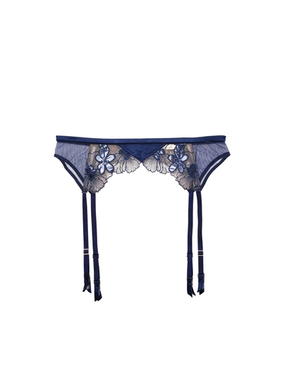 Fleur Du Mal Violet Embroidered Garter Belt In Nighttime Blue