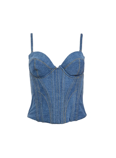 Fleur Du Mal Contrast-stitching Denim Bustier In Medium Wash Denim