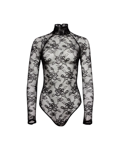 Fleur Du Mal High Neck Lace Bodysuit In 0100 Black