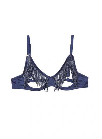 Fleur Du Mal Beaded Fringe Ouvert Bra In Nighttime Blue