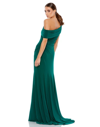 Ieena For Mac Duggal Foldover Off-the-shoulder Slit Gown In Eggplant