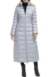 Kenneth Cole Faux Fur Hood Zip Front Puffer Jacket In Silver