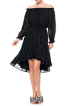 Meghan La Keiko Swiss Dot Off The Shoulder Chiffon Dress In Black