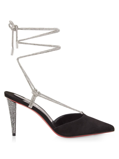 Christian Louboutin Astrid Suede Ankle-wrap Red Sole Pumps In Black/crystal
