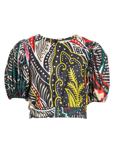 Figue Olive Abstract-print Puff-sleeve Crop Top In Wax Cloth Bird Multi Black