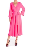 Meghan La Lilypad Surplice Long Sleeve Wrap Midi Dress In Neon Pink