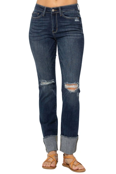 Judy Blue Destroyed Cuffed Straight Leg Jeans In Blue