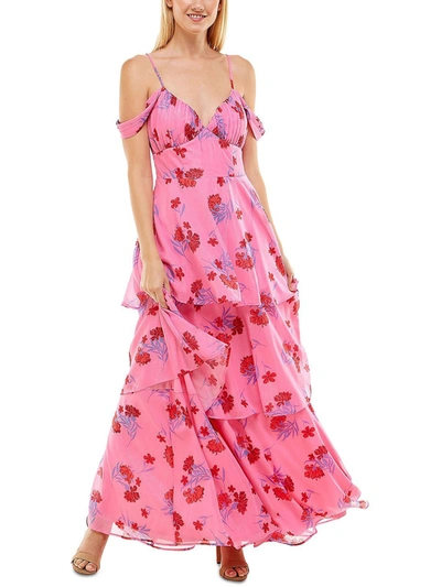 Crystal Doll Juniors Womens Floral Tiered Evening Dress In Pink