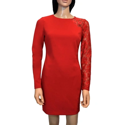 Bebe Lace Long Sleeves Knee Length Detailed Sheath Dress In Red