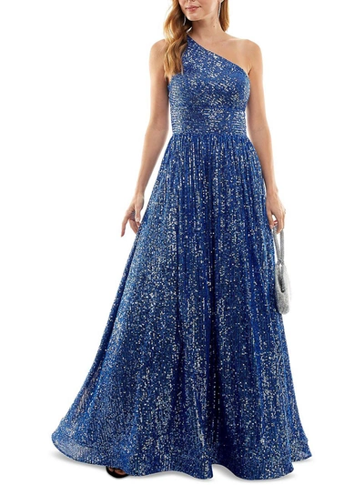 B Darlin Juniors Womens Sequined Cold Shoulder Evening Dress In Blue