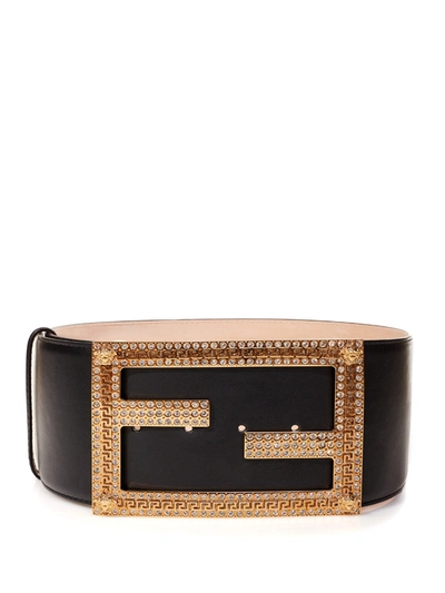 Fendace High Leather Logo Belt With Women's Crystals In Black