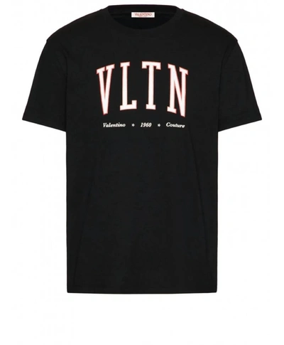 Valentino Cotton Crewneck T-shirt With Vltn Print In Nero